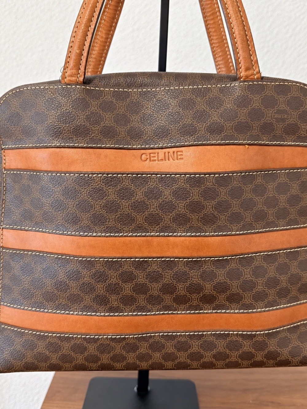Celine Brown Monogram Handbag Cognac Leather Trim Double Handle Zip Top